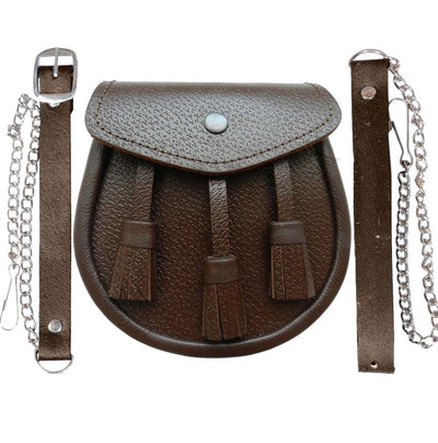 Scottish Brown Leather Kilt Sporran and Belt 3 Tassels leather sporran