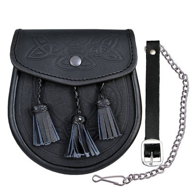 Scottish Black Leather Kilt Sporran Celtic Embossed With Tassels Leather Day Wear Sporran