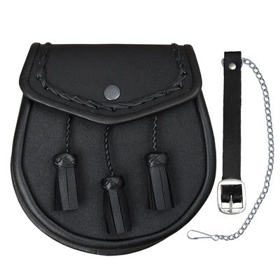 Scottish Black Leather Kilt Sporran With Tassels Leather Day Wear Sporran
