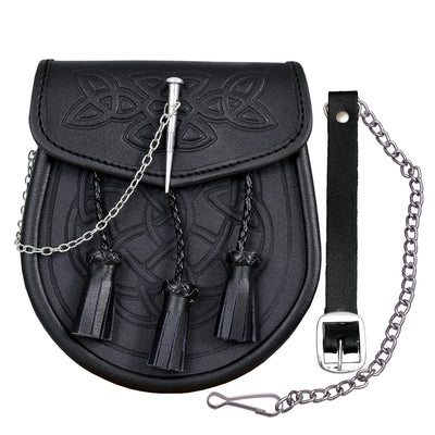 Kilt Sporran Celtic Embossed Black Leather Latch PIN Detail and Chain for Kilts