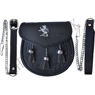 Lion Rampant Black Leather Sporran 3 Tassels Chrome Leather Sporran