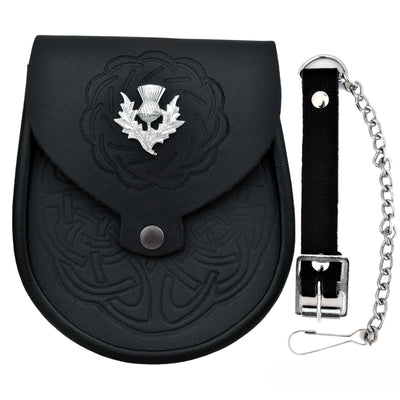 Leather Sporran Double Embossed Scottish Black Leather Kilt Sporran