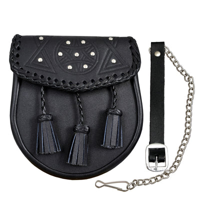 Scottish Black Leather Kilt Sporran With Tassels Leather Sporran