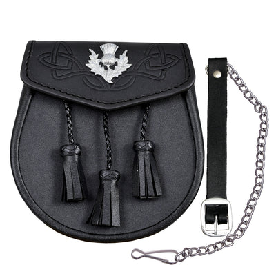 LEATHER EMBOSSED SPORRAN LEATHER 3 TASSELS THISTLE CREST DAY WEAR SPORRAN