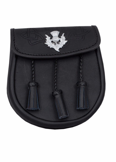 LEATHER EMBOSSED SPORRAN LEATHER 3 TASSELS THISTLE CREST LEATHER SPORRAN