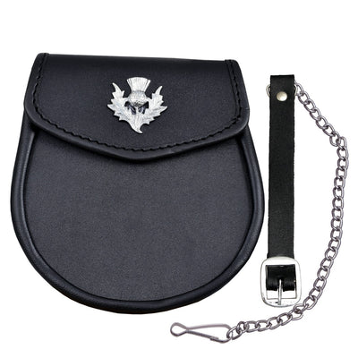 LEATHER SPORRAN LEATHER WITH CHROME THISTLE CREST FREE CHAINSTRAP