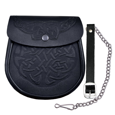 Celtic Knot Embossed Black Leather Medieval Scottish Kilt Sporran Pouch & Belt