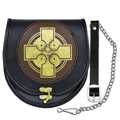 Leather Sporran Gold Cross Black/Brown Leather Sporran for Kilts with Chain Belt