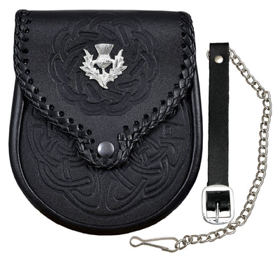 Leather Sporran Double Embossed Scottish Black Leather Kilt Sporran With Belt