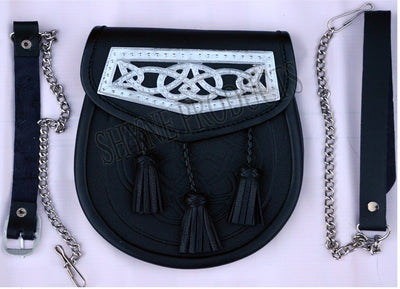 Embossed Leather Sporran With Chrome Plate 3 Tassels Scottish Sporran