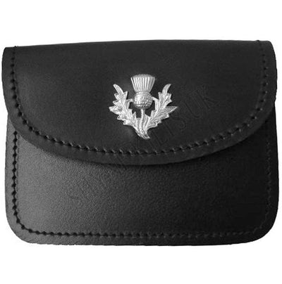 Mens Scottish Black Leather Kilt Belt Pouch Sporran With Thistle on Flap