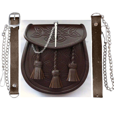 KILT SPORRAN CELTIC EMBOSSED BROWN LEATHER LATCH PIN DETAIL AND CHAIN FOR KILTS