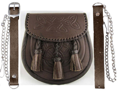KILT SPORRAN CELTIC SCROLL EMBOSSED BROWN LEATHER LACE WOVEN EDGE KILTWEAR KILTS