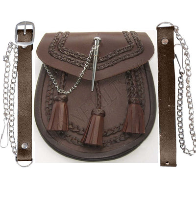 KILT SPORRAN BROWN LEATHER DROP PIN WOVEN DETAILED FRONT HIGHLANDWEAR FOR KILTS