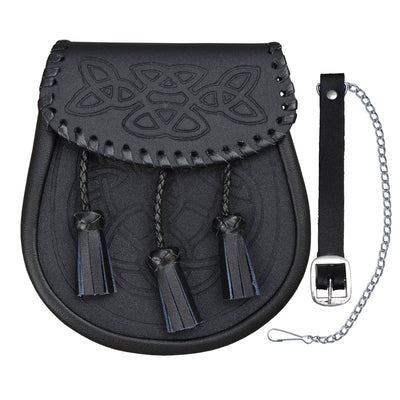 KILT SPORRAN CELTIC SCROLL EMBOSSED BLACK LEATHER LACE WOVEN EDGE KILTWEAR KILTS