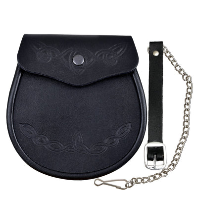 Embossed Leather Smooth Kilt Sporran With Celtic Pattern Free Chain Strap