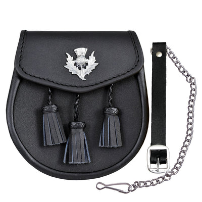 Thistle Casual Leather Sporran with Three Braided Tassels Genuine Leather Kilt