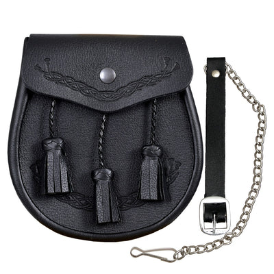 Embossed Celtic Classic black Leather Kilt Sporran Free Chain Strap