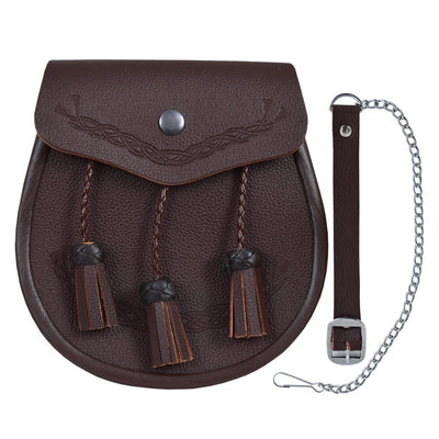 Brown Embossed Celtic Classic Leather Kilt Sporran Free Chain Strap