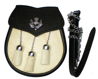 KILT SPORRAN THISTLE CREST WHITE CALF SKIN 3 TASSLES CHROME FINDINGS FOR KILTS