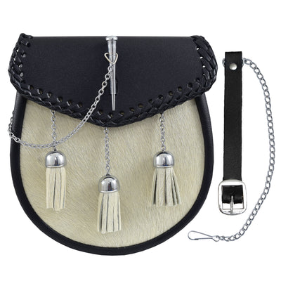 Leather Sporran Pin Drop Sporran 3 Tassels White Calf Skin Semi Dress Sporran