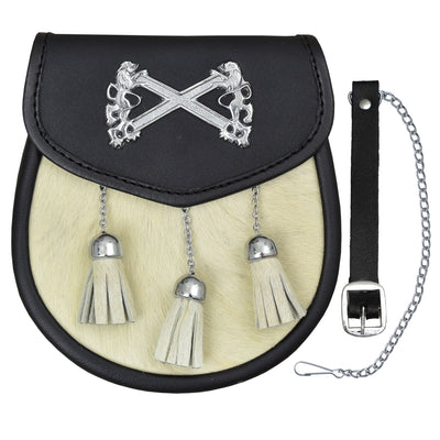 Rampant Lion St. Andrews Sporran with 3 Tassels White Calf Skin Sporran