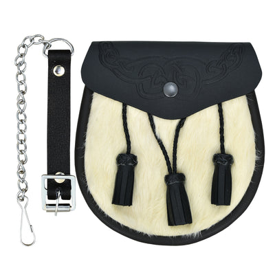 Leather Sporran Embossed Sporran 3 Tassels White Semi Dress Sporran