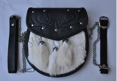 SEMI-DRESS KILT SPORRAN WHITE & THISTLE EMBOSSING 3 TASSELS