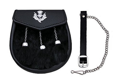 KILT SPORRAN THISTLE CREST BLACK RABBIT FUR 3 TASSLES CHROME SEMI DRESS SPORRAN