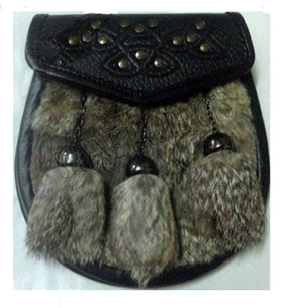 Grey Rabbit Fur Scottish Celtic Stud Budget Semi Dress Sporran Chrome Tassels