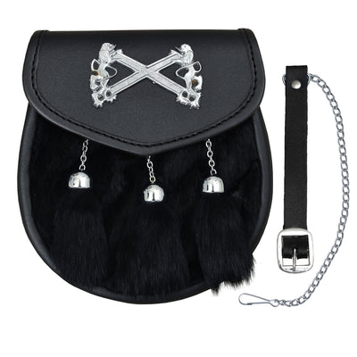 Rampant Lion St. Andrews Sporran with 3 Tassels Black Rabbit Fur Sporran