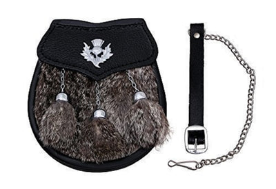 KILT SPORRAN THISTLE CREST GREY RABBIT FUR 3 TASSLES CHROME SEMI DRESS SPORRAN