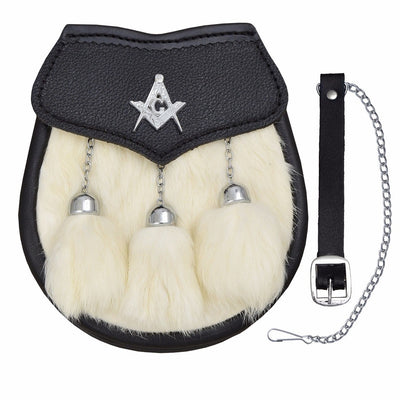 KILT SPORRAN MASONIC CREST WHITE RABBIT FUR & BLACK LEATHER SEMI-DRESS SPORRAN