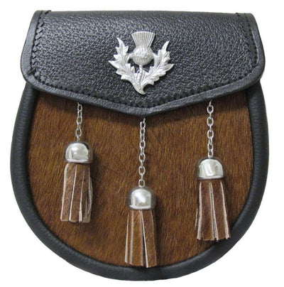 Men's Scottish Brown Calf Skin Thistle Sporran With 3 Tassels Semi-Dress Sporran