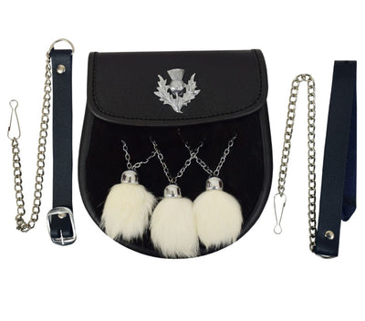 KILT SPORRAN THISTLE CREST BLACK RABBIT FUR 3 TASSLES CHROME WHITE RABBIT FUR