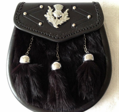 KILT SPORRAN THISTLE CREST BLACK RABBIT FUR 3 TASSLES CHROME EMBOSSED SPORRAN