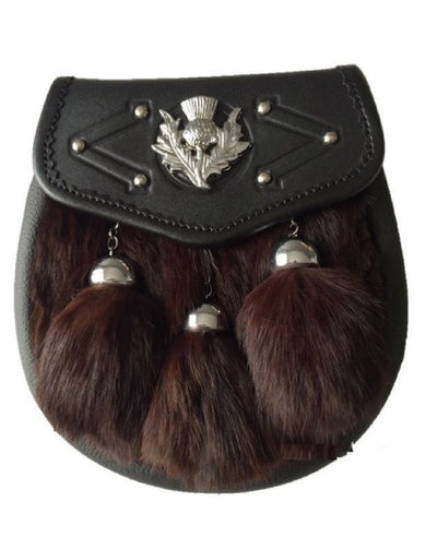 KILT SPORRAN THISTLE CREST BROWN RABBIT FUR 3 TASSLES CHROME EMBOSSED SPORRAN