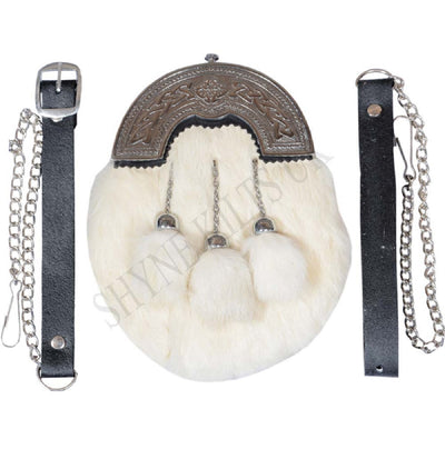 White RABBIT FUR FULL DRESS SPORRAN WITH CHROME FINISH CANTLE 3 GREY TASSELS