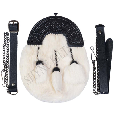 WHITE RABBIT FUR FULL DRESS SPORRAN WITH BLACK FINISH CANTLE 3 WHITE TASSELS