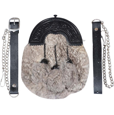 GREY RABBIT FUR FULL DRESS SPORRAN WITH BLACK CANTLE 3 GREY TASSELS