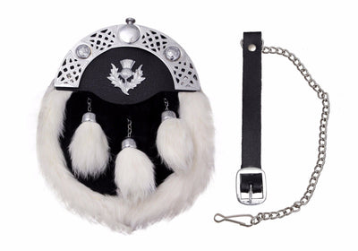 SCOTTISH FULL DRESS SPORRAN WHITE RABBIT FUR & CHROME CELTIC CANTLE WITH THISTLE