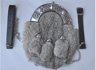 SCOTTISH FULL DRESS SPORRAN GREY RABBIT FUR & CHROME CELTIC CANTLE