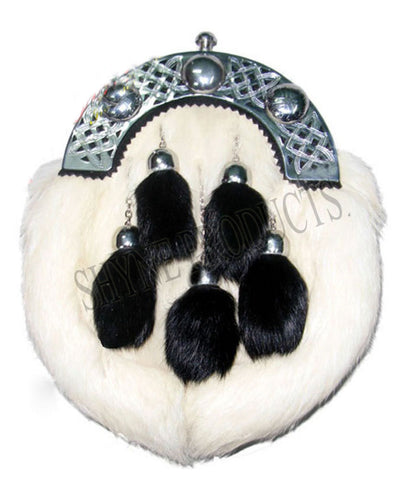 SCOTTISH FULL DRESS SPORRAN WHITE RABBIT FUR & CHROME CELTIC CANTLE 5 TASSELS