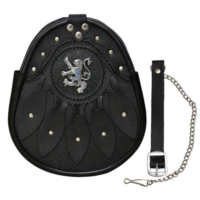 Lion Rampant & Celtic Design Black Leather Sporran with S/Chain Kilt