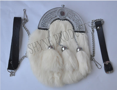 SCOTTISH FULL DRESS SPORRAN WHITE RABBIT FUR & CHROME CANTLE