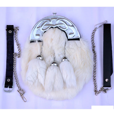 FULL DRESS SPORRAN WHITE RABBIT FUR & CHROME CELTIC CANTLE 3 BLACK TASSELS