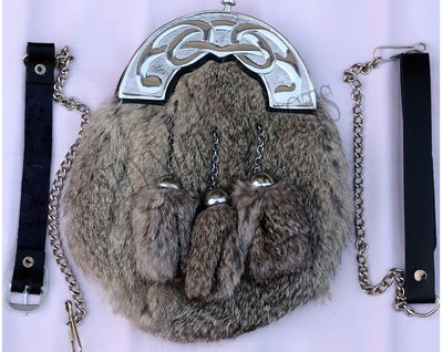 FULL DRESS SPORRAN GREY RABBIT FUR & CHROME CELTIC CANTLE 3 BLACK TASSELS