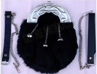 FULL DRESS SPORRAN BLACK RABBIT FUR & CHROME CELTIC CANTLE 3 BLACK TASSELS