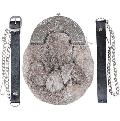 GREY RABBIT FUR FULL DRESS SPORRAN WITH CHROME FINISH CANTLE 3 GREY TASSELS