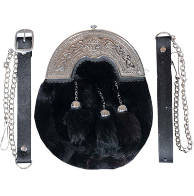 BLACK RABBIT FUR FULL DRESS SPORRAN WITH CHROME FINISH CANTLE 3 BLACK TASSELS